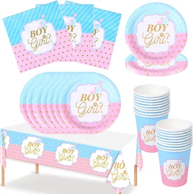 Produktbild von Gender Reveal Partygeschirr Set 16 Gäste Teller Becher
