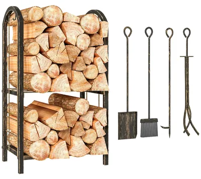 Productafbeelding van Houtrek voor binnen, 43 x 30 x 74 cm, 2 niveaus, met 4 haardaccessoires en haken.