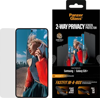 Zdjęcie produktu dla PanzerGlass ® 2-Way Privacy Screen Protector Samsung Galaxy S26+ | Ultra-Wide Fit w. Fastfit in-a-box, Samsung, Samsung - Galaxy S26+, Aplikacja na sucho, Odporny na zadrapania, Odporny na wstrząsy, Przezroczysty, 1 szt.