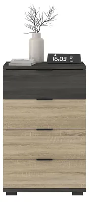 Produktbild von Nachttisch PIANO Esche grau/Sonoma Eiche, Nachtkommode für Boxspringbetten, Nachtschrank mit 4 Schubladen und Griffen aus Kunststoff, Korpus aus MDF/Spanplatte
