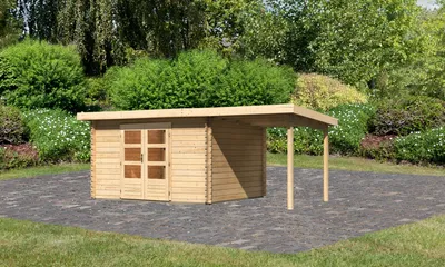 Produktbild von Gartenhaus Blockbohlenhaus Gerätehaus Bastrup 7 im Set mit Anbaudach 2 m breit naturbelassen 539x297x222 cm