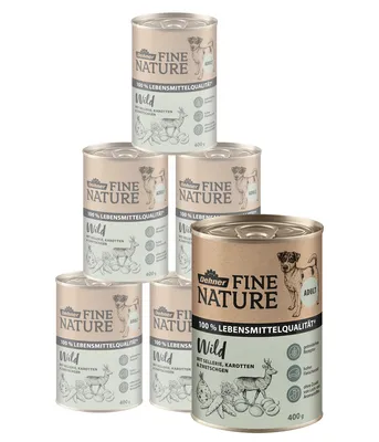Produktbild von Dehner Fine Nature Hundefutter, Nassfutter in Lebensmittelqualität, für ausgewachsene Hunde, Wild, 6 x 400 g Dose (2.4 kg)
