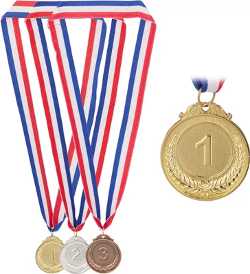 Immagine prodotto di Set di 3 medaglie Relaxdays per bambini, Ø 5 cm, 1°, 2° e 3° posto, con nastro, calcio, medaglia da vincitore, metallo, oro, argento, bronzo