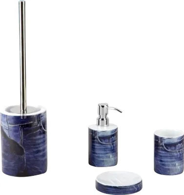 Produktbild von 4tlg Set Bad Accessoires WC Bürste Seifenspender Zahnputzbecher Seifenschale Blue Jeans