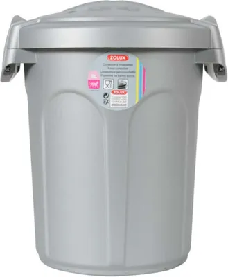 A gray plastic pet food container with a lid.