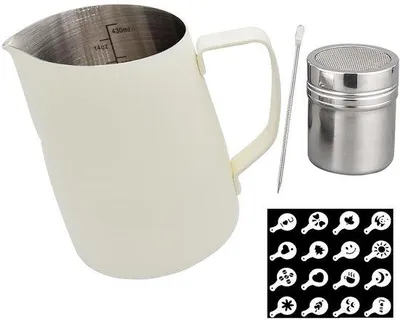 Produktbild von Unyqoos® Milchaufschäumer-Set – 450 ml Edelstahl-Aufschäumkännchen mit Kakaostreuer & Latte-Art-Tools, Weiß, 16 Schablonen