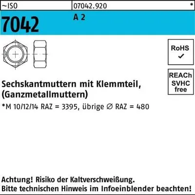 Produktbild von Reyher  Sechskantmuttern ISO 7042 A 2 M 5 DIN 934 A 2 (1000 Stück)