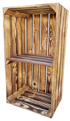 A wooden crate with a shelf, shown against a white background.