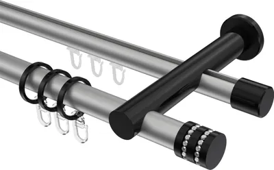 Produktbild von Interdeco Rundrohr-Innenlaufstange / Gardinenstange (Kombination) Silbergrau / Schwarz, Typ Platon Estana (Glitzerkappe), 20 mm Ø 2-läufig, 260 cm