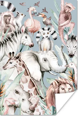 Produktbild von MuchoWow® Poster Wasserfarben - Tiere - Flamingo - Elefant - Jungen - Blau - Kinder - Kind 20x30 cm - Papierdruck