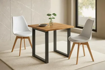 Produktbild von 3 TLG. Essgruppe Josy | Esstisch mit 2 Stühlen | 80x80 cm mit Baumkante | Holz Wildeiche-Optik | 40 mm Platte | U-Gestell Schwarz | 2X Schalenstuhl Weiß + Buche-Gestell