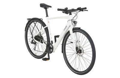 A white electric bicycle is shown against a white background.