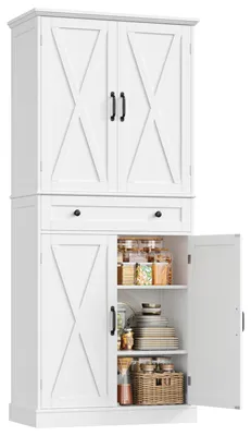 Zdjęcie produktu dla Szafka kuchenna – wysoka szafka na zapasy z 4 drzwiami i 1 szufladą – wolnostojąca – nowoczesny design – 78 x 40 x 181,5 cm – biała
