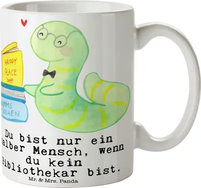 Produktbild von Mr. & Mrs. Panda Tasse Bibliothekar Herz - Weiß - Geschenk, kaffeebecher bedruckt, Kaffeetasse, Beruf, Bibliothek, Buchhandlung, schöne, Becher, Spruch