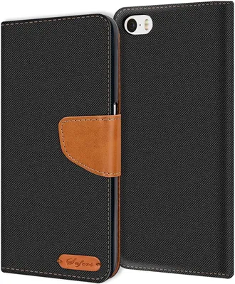 Produktbild von CoolGadget Handyhülle Wallet Flip Case aus Stoff im Jeans Look mit Silikon-Halterung für Apple iPhone SE 5S/5 und Aufstellfunktion