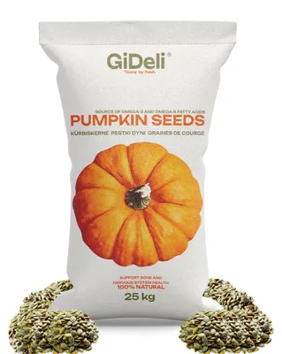 Obrázok produktu pre Dýňové semienka, 25 kg, pražené, nesolené, bez šupiek, vhodné pre vegánov, zdroj bielkovín a zinku, značka GiDeli