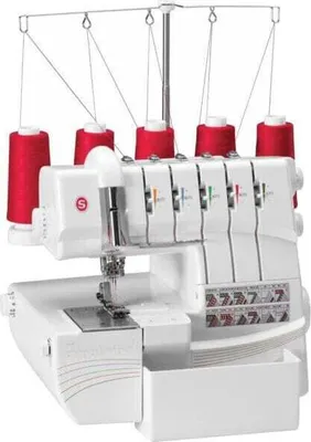 A white overlock sewing machine with red thread spools on a white background.