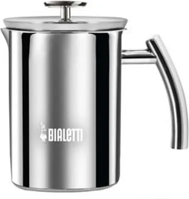 A studio shot of a stainless steel French press coffee maker.