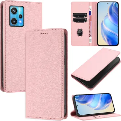 Produktbild von Litchi Leder Handyhülle für Realme 9 Pro+/Realme 9 4G/Narzo 50 Pro Wallet Kartenfächer Standfunktion Hülle Pink