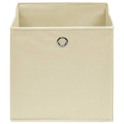 A single, empty, cream-colored fabric storage box with a metal grommet on the front.