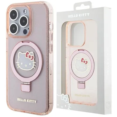 Zdjęcie produktu dla Etui Hello Kitty Ring Stand Glitter Electrop Logo Magsafe Na Iphone 15 Pro - Różowe