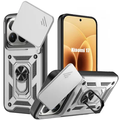Image de Coque Antichoc pour Xiaomi 17, Rigide avec Anneau et Protection Caméra Coulissante - Argenté