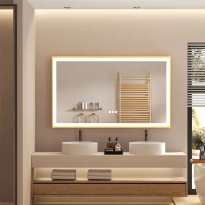 Zdjęcie produktu dla WISFOR Lustro łazienkowe LED ze złotą aluminiową ramą 100 x 60 cm, lustro ścienne z przełącznikiem dotykowym, ściemniane przeciwmgielnie, do makijażu w łazience i sypialni