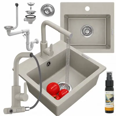 Zdjęcie produktu dla Granitan – zlewozmywak granitowy – zlewozmywak kuchenny – 44 x 42 cm – beżowy – z baterią EBRO i syfonem – zlewozmywak – TEOR