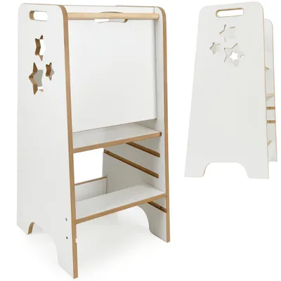Zdjęcie produktu dla Helper VERK.design pomocnik kuchenny dla dziecka 90 cm kitchen helper z zasuwą podest regulowany stołek edukacyjny biały drewniany gwiazdki