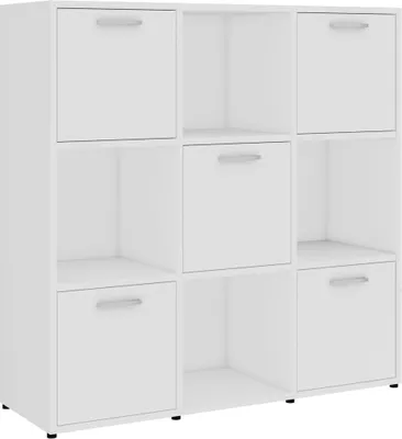 A white modular shelving unit with nine compartments, some of which have doors with handles.