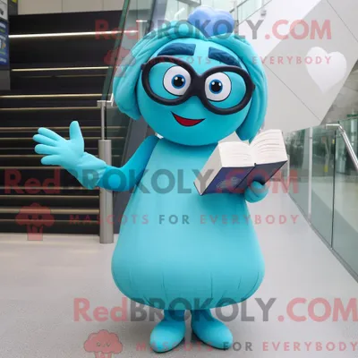 Immagine prodotto di Il personaggio mascotte REDBROKOLY di un cuore ciano vestito con una maxi gonna e occhiali da lettura