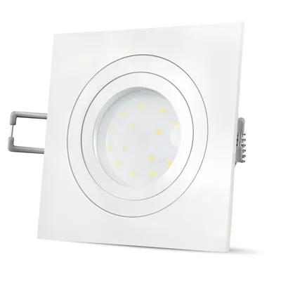 A white square LED recessed light fixture with a circular opening and visible LED diodes inside.