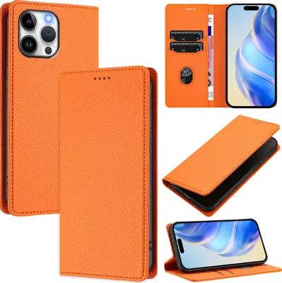 Image de Étui en cuir pour iPhone 13 Pro Max, Litschi cuir, étui portefeuille avec fentes pour cartes et support Orange