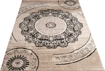 Image de Tapis salon à poils courts, motif oriental vintage mandala, marron et beige, dimensions 80 x 150 cm