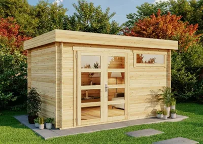 Produktbild von Gartenhaus Leandro-28 mit Fußboden aus Holz, Gerätehaus 394x268, 8,64 m², 28 mm Wandstärke - Naturbelassen
