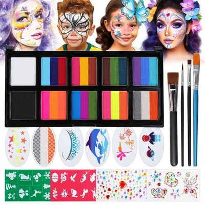 Productafbeelding van Kindermake-up set, waterbasis, regenboogkleuren, cakepalette met kwasten en sjablonen voor carnaval en Halloween