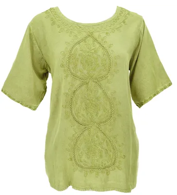 Produktbild von Bestickte Indische Tunika, Alternative Kurzarm Boho Bluse - Grün, Damen, Viskose, Blusen & Tunikas