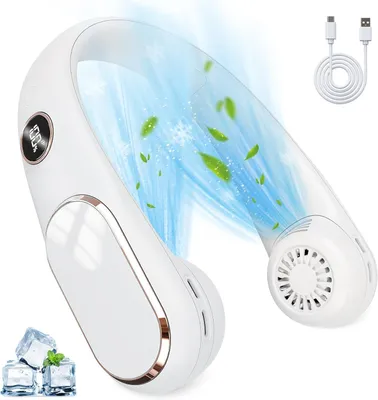 A white neck fan with a digital display showing '100%', and blue air flow with green leaves and snowflakes to illustrate cooling. Ice cubes and mint leaves are shown in the bottom left corner, and a white USB charging cable is in the top right corner.