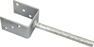 A metal U-shaped post bracket with a pointed stake for embedding in concrete.