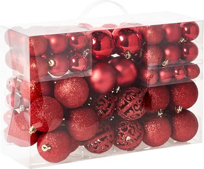 Produktbild von BELIANI Weihnachtskugel Set 100-teilig Rot aus Kunststoff Plastik Matt Glänzend Glitzer Traditionell Klassisch Weihnachtsdeko Weihnachtsbaumschmuck