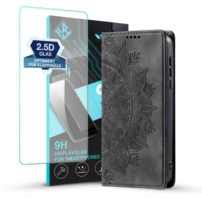 Produktbild von Mandala Handyhülle für Samsung Galaxy A18 / A18 5G RFID Schutz Klapphülle Case Cover Design Schutzhülle mit 9H Displayglas Farbe: Schwarz