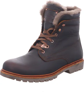 A single brown leather boot with fur lining is shown against a white background.