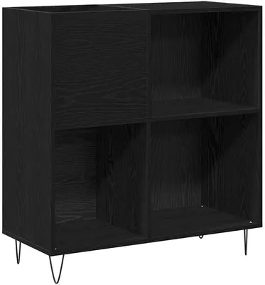Productafbeelding van Platenkast zwart, met eikenlook, 85 x 38 x 89 cm. Platenkast van houtvezel met metalen poten, retro platenrek voor woonkamer en kantoor