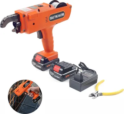 A set of tools for tying rebar, including a battery-powered tying machine, two batteries, a charger, and wire cutters, arranged on a white background.