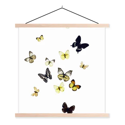 Produktbild von MuchoWow® Textilposter Schmetterlinge auf weißem Hintergrund 120x120 cm mit holzfarbenen Rahmen - Textil-Poster