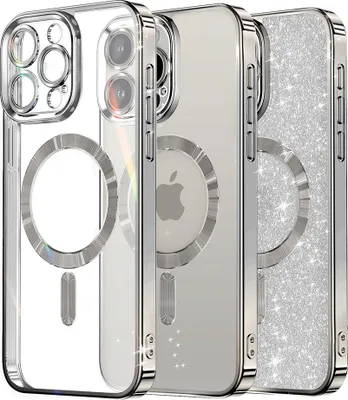 Three iPhone cases are displayed side-by-side against a white background. The cases are clear with silver trim, and one has a glittery silver back.