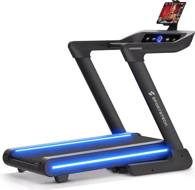 A black treadmill with blue LED lighting on a white background.