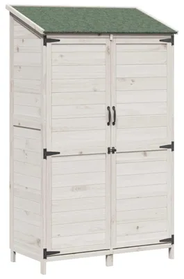 Image de Abri de jardin en bois - Blanc, dimensions 106,5 x 56 x 176 cm - Bois massif de pin - Toit en bitume étanche