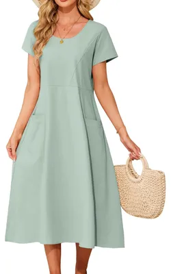 Zdjęcie produktu dla Sukienka maxi z bawełny - Letnia sukienka damska - Sukienka plażowa - Styl boho - Krótkie rękawy - Swobodna sukienka z kieszeniami