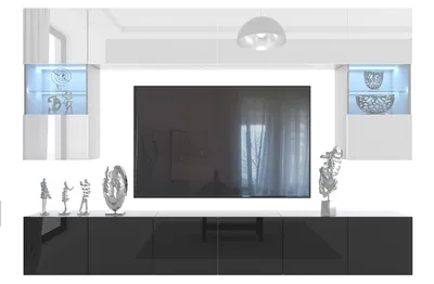 Produktbild von BELINI Wohnwand MILANO 1 Wohnzimmer 300 cm - Weiß/Schwarz Hochglanz, Moderne Schrankwand Set, Anbauwand TV-Schrank Griffloses System